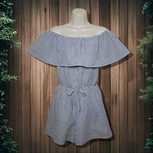 Charming Charlie Off-Shoulder Ruffle Striped Romper